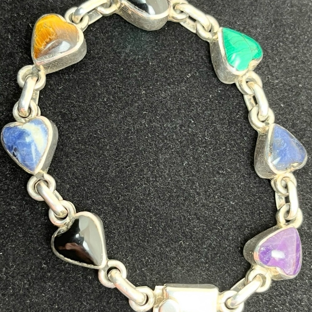Vintage Taxco 7 Inch Heart Shaped Multi Stone Sterling Silver Bracelet - Picture 9 of 9